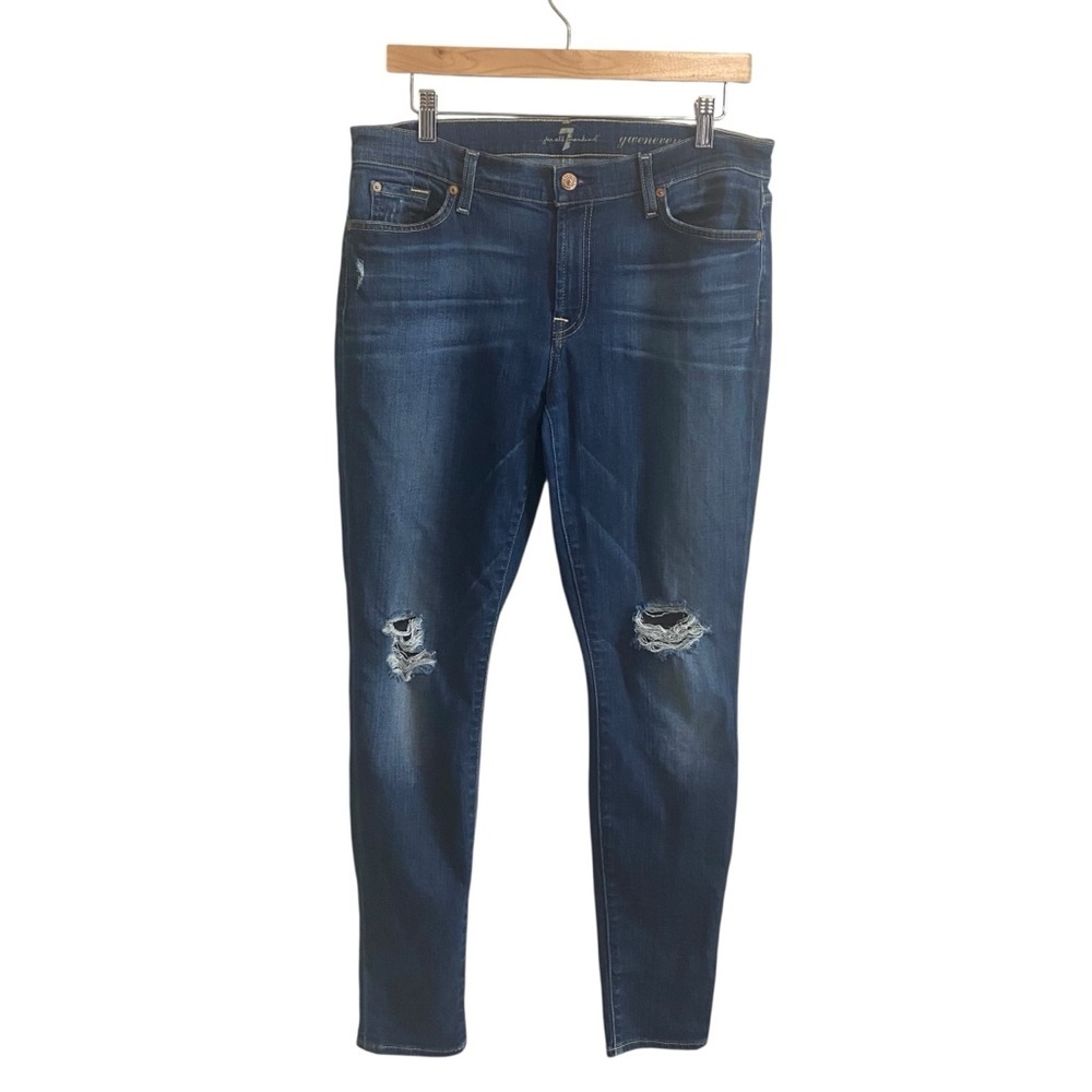 7 For All Mankind Mid Rise Dark Wash Distress Knee Gwenevere Jeans Size 32
